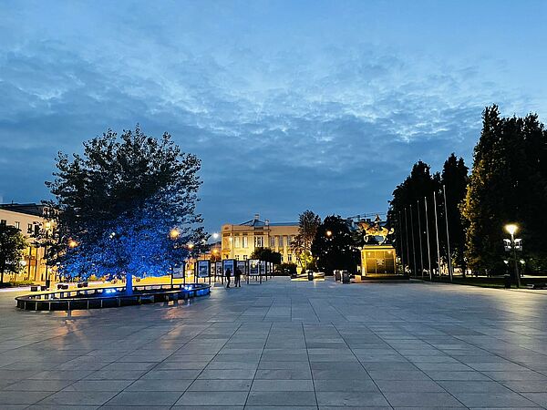 Plac Litewski podświetlony na niebiesko